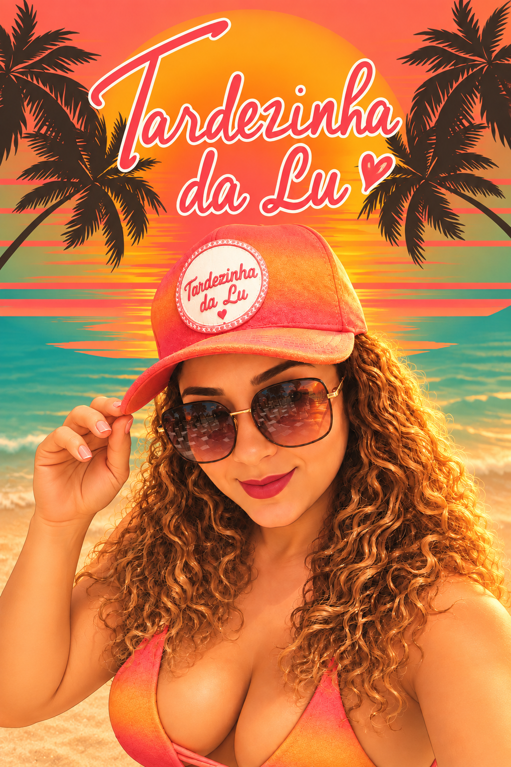 Banner oficial Tardezinha da Lu, com Lu em uma praia ao pôr do sol